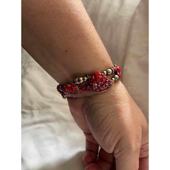 Vintage Silver Tone/Red/Purple Enamel Rhinestone Hat Charm/Bead Stretch Bracelet - Picture 3 of 12